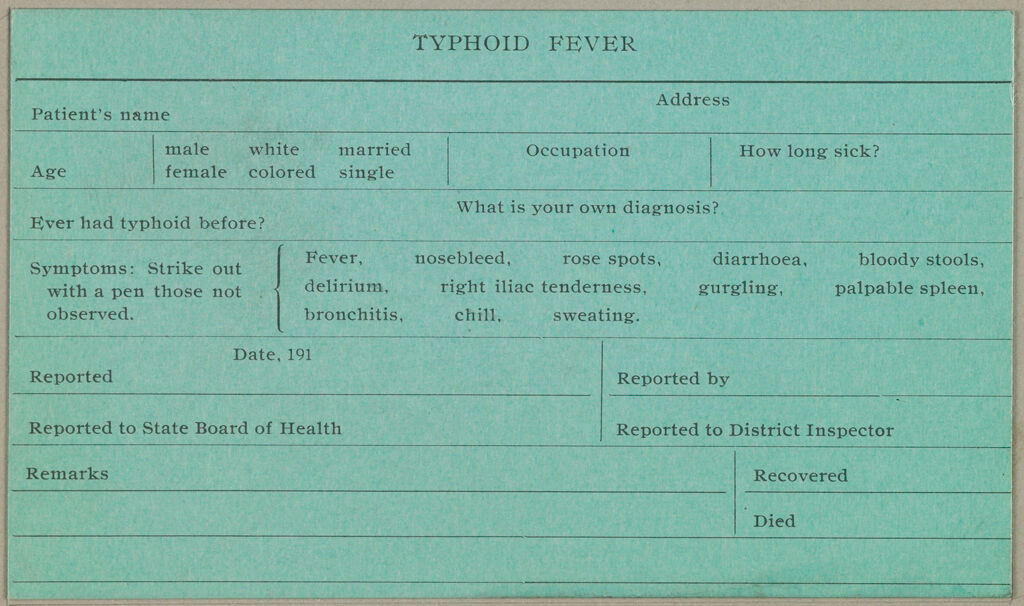 Health, General: United States. Massachusetts. Clinton: Schedules Used By Local Boards Of Health: Typhoid Fever