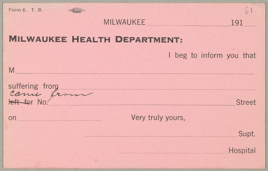 Health, General: United States. Wisconsin. Milwaukee: Schedules Used By Local Boards Of Health: Milwaukee Health Department