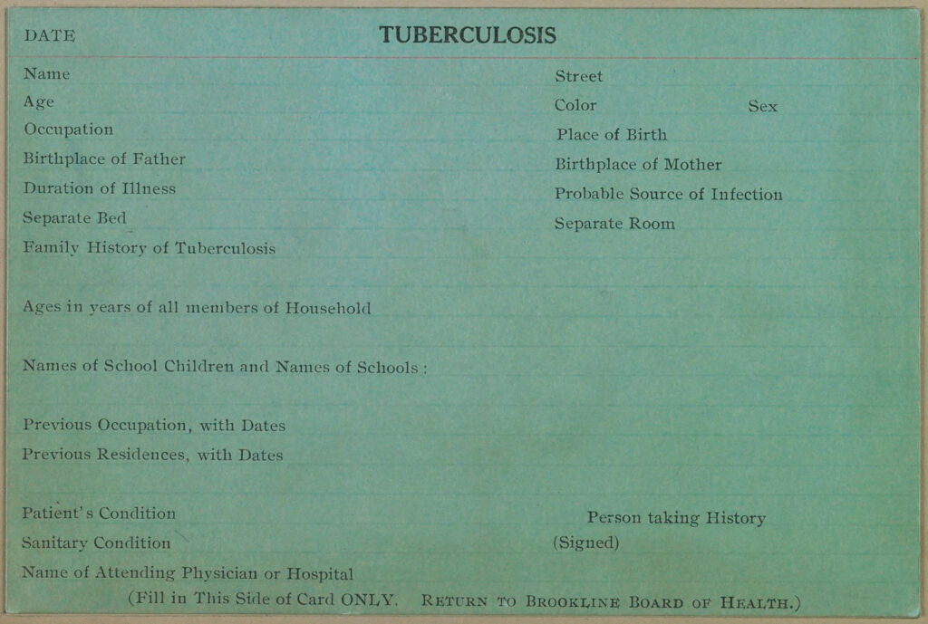 Health, General: United States. Massachusetts. Brookline: Schedules Used By Local Boards Of Health: Tuberculosis