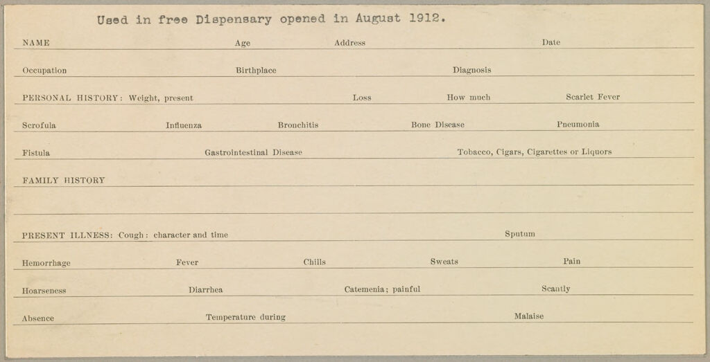 Health, General: United States. Massachusetts. Clinton: Schedules Used By Local Boards Of Health: Used In Free Dispensary Opened In August 1912.
