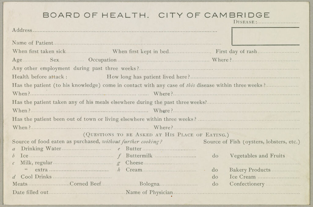 Health, General: United States. Massachusetts. Cambridge: Schedules Used By Local Boards Of Health: Board Of Health. City Of Cambridge