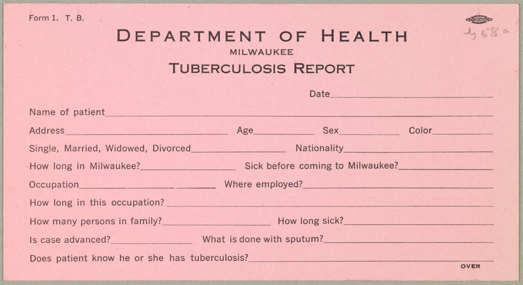 Health, General: United States. Wisconsin. Milwaukee: Schedules Used By Local Boards Of Health: Department Of Health Milwaukee Tuberculosis Report