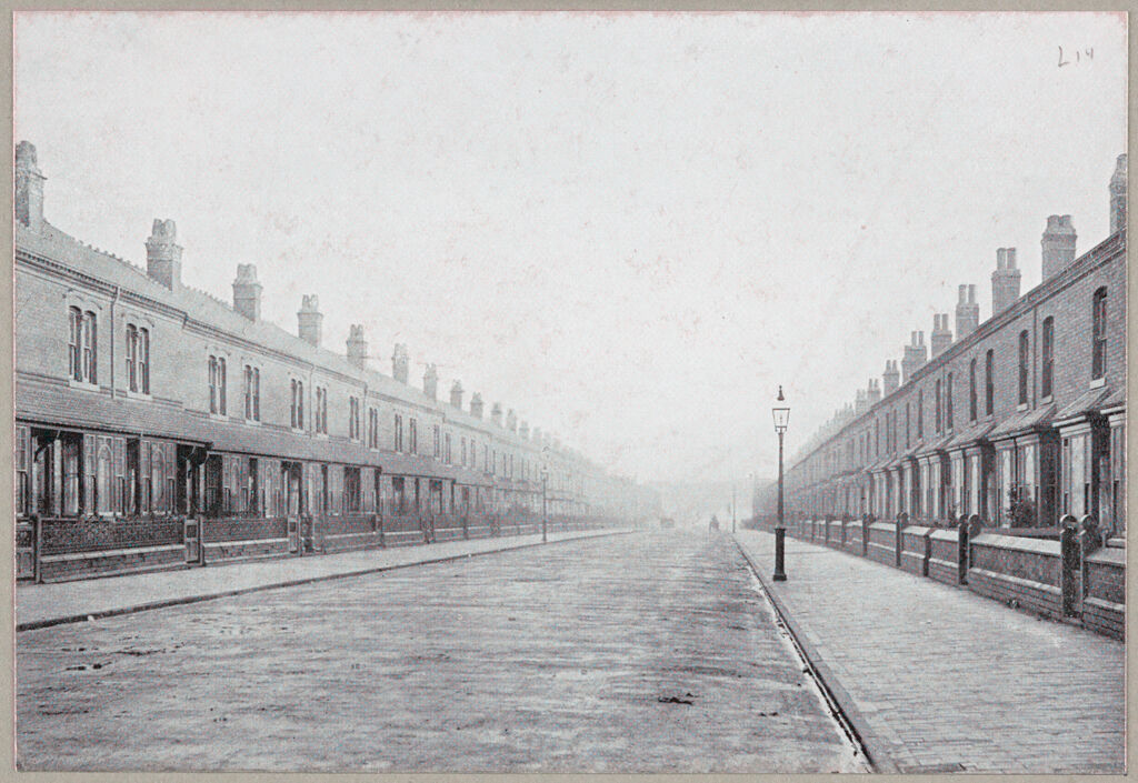 Housing, Conditions: Great Britain, England. Birmingham. Building Types Under The Bye-Laws: Housing Conditions, Great Britain: Bye Law Road, Birmingham. Showing How Unnecessarily Wide Streets And Monotonous Houses May Be Perpetuated In Residence Quarters By Unwise Legislation.