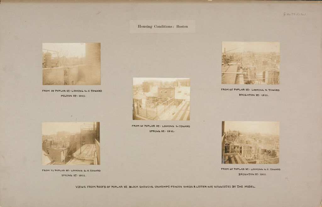 Housing, Conditions: United States. Massachusetts. Boston. Alleys; Tenements; Yards: Housing Conditions: Boston: Views From Roofs Of Poplar St. Block Showing Unkempt Fences Shed & Litter Not Suggested By The Model.