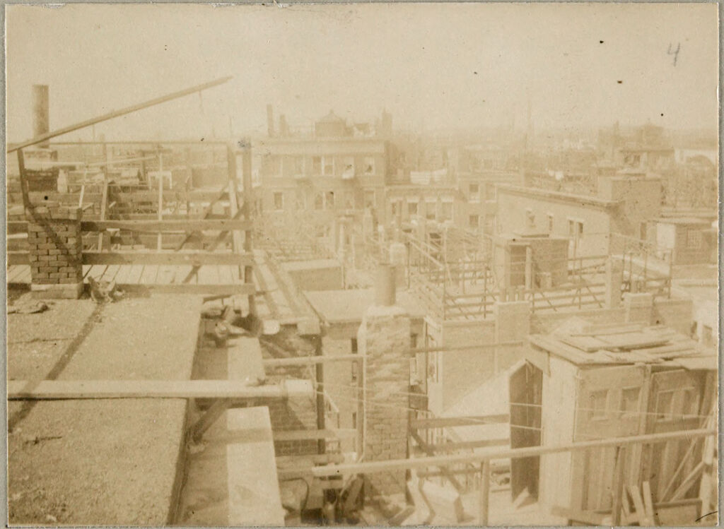 Housing, Conditions: United States. Massachusetts. Boston. Alleys; Tenements; Yards: Housing Conditions: Boston: Views From Roofs Of Poplar St. Block Showing Unkempt Fences Shed & Litter Not Suggested By The Model.: From 65 Poplar St: Looking N. Toward Brighton St: 1911.