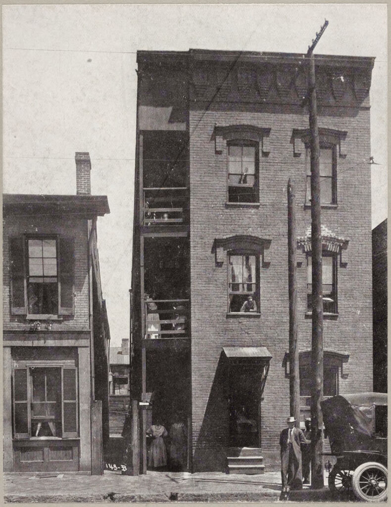 Housing, Conditions: United States. Kentucky. Louisville: Housing Conditions, Louisville, Ky.: New Tenement With Poor Ventilation On Green St. Showing How Light And Air Can Be Cut Off By Outside Conditions: 4 Foot Passageway Between Buildings: 3 Front Rooms & 3Rd Floor Only Are Adequately Lighted.