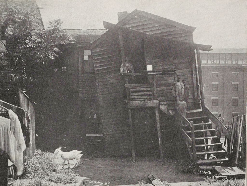 Housing Conditions: United States. Kentucky. Louisville: Environment After Immigration Perpetuation Of European Standards In America: Slanting Shack In Foreground Stands As Cyclone Left It 19 Years Ago: Still Rents For $6.- A Month.