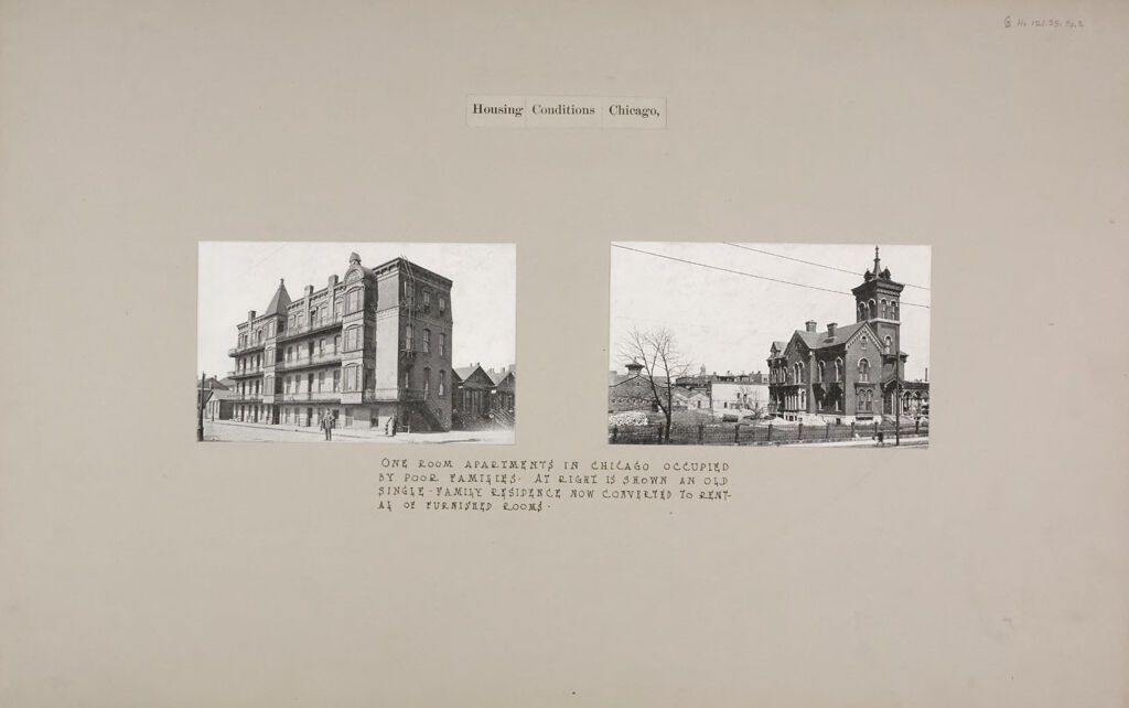 Housing, Conditions: United States. Illinois. Chicago. Lodging Houses: Housing Conditions Chicago,: One Room Apartments In Chicago Occupied By Poor Families.  At Right Is Shown An Old Single-Family Residence Now Converted To Rental Of Furnished Rooms.