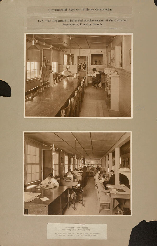 Housing, Government: United States. New Jersey. Woodbury: Governmental Agencies Of House Construction. U.s. War Department, Industrial Service Section Of The Ordnance Department, Housing Branch: Woodbury, New Jersey. Woodbury Bag Loading Plant: General Welfare Office (Below), Committee Room And Director's Office (Above).