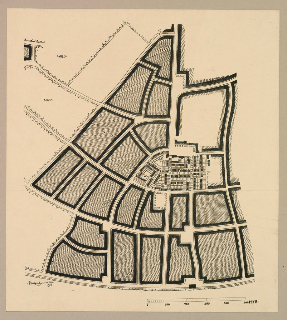 Housing, Improved: Germany. Munich-Perlach. Garden Suburb: Garden Suburbs, Germany: Garden Suburb At Perlach Near Munich: Plans Of Central Settlement Of 8 Ha Or 20 Acres As Designed By Berlepsch-Valendàs And Hansen In 1909. Showing Garden Plots Between Houses.  Market Places And Public Buildings Shown At Top Of Settlement.