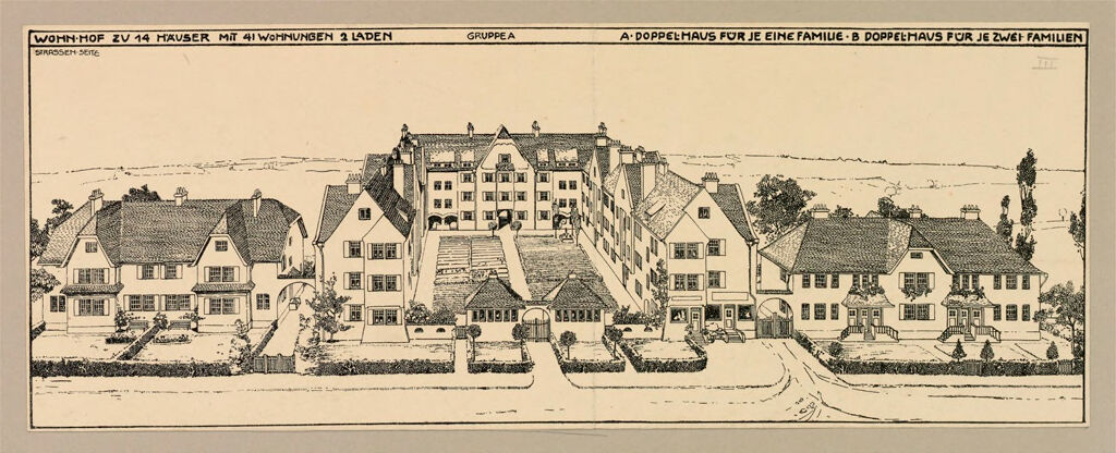 Housing, Improved: Germany. Munich-Perlach. Garden Suburb: Garden Suburbs, Germany: Garden Suburb At Perlach Near Munich.: Front And Rear Views Of 3-Story Tenement House Adapted To Suburban Conditions.  14 Staircases Lead Each To 3 Suites, One On Each Floor.  At Left In Upper Illustration Is Shown A Duplex Cottage.  At Right Is Shown A Duplex House, Containing 4 Cottage Flats.  Garden Allotments At Rear Of Houses Shown In Lower Illustration.