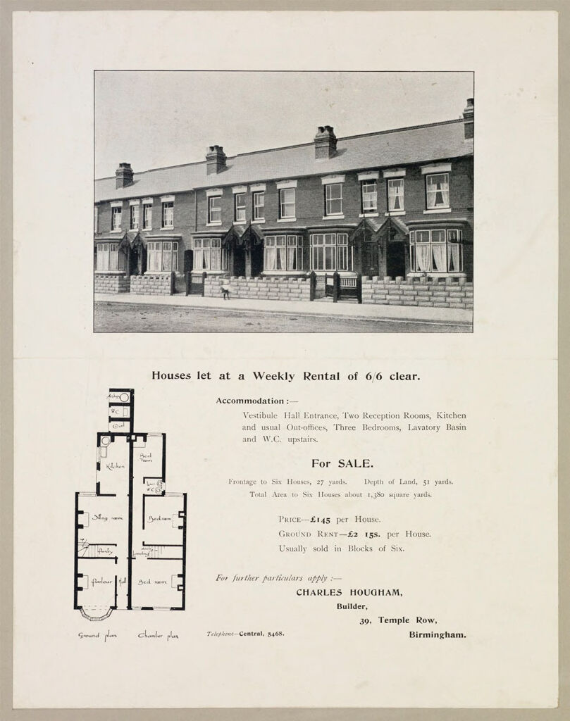 Housing, Improved: Great Britain, England. Birmingham. Municipal Dwellings: Municipal Housing: Great Britain: Houses Let At A Weekly Rental Of 6/6 Clear.
