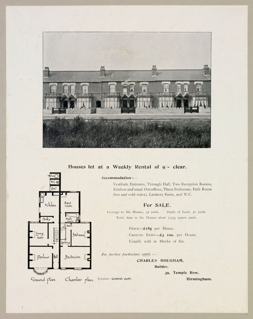 Housing, Improved: Great Britain, England. Birmingham. Municipal Dwellings: Municipal Housing: Great Britain: Houses Let At A Weekly Rental Of 9/= Clear.