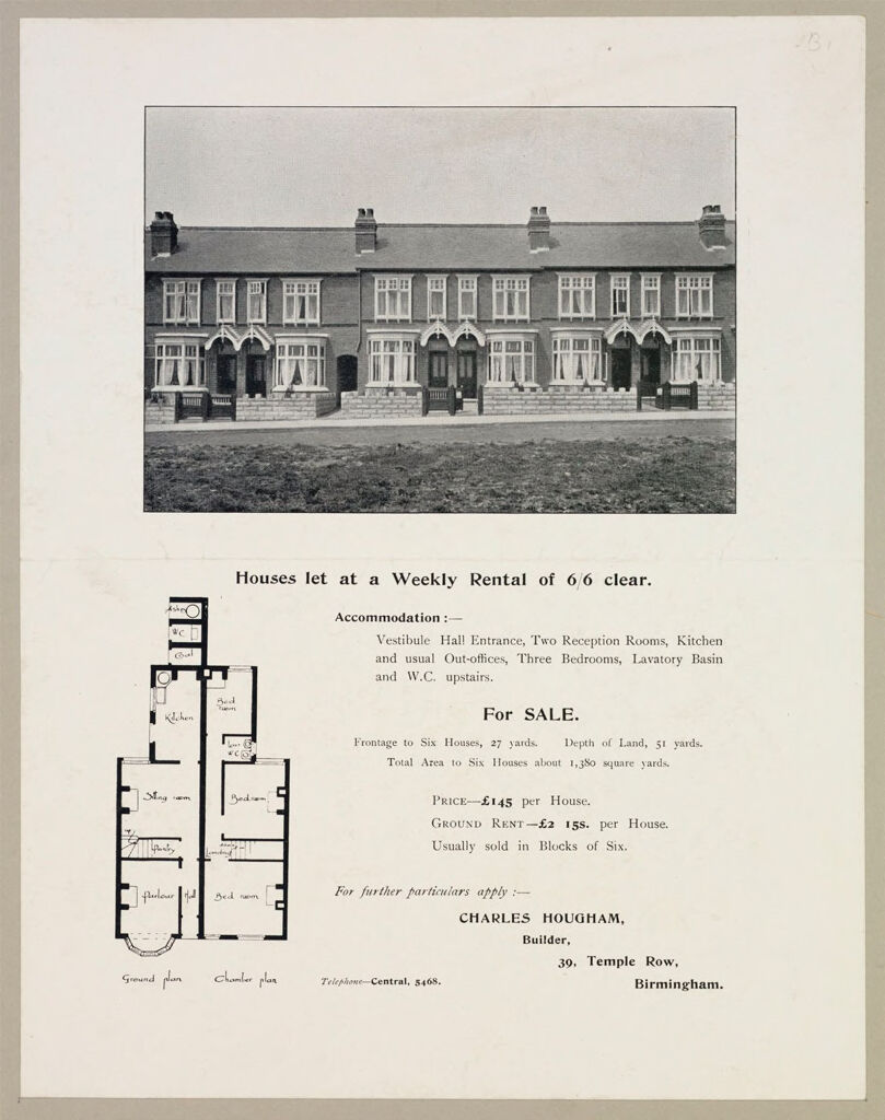 Housing, Improved: Great Britain, England. Birmingham. Municipal Dwellings: Municipal Housing: Great Britain: Houses Let At A Weekly Rental Of 6/6 Clear.