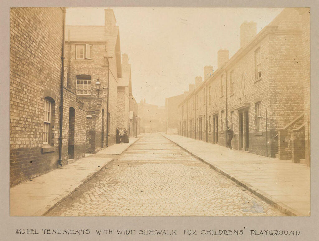 Housing, Improved: Great Britain, England. Liverpool. Municipal Tenements: Social Conditions In Liverpool, England, 1903: Model Tenements With Wide Sidewalk For Childrens' Playground.