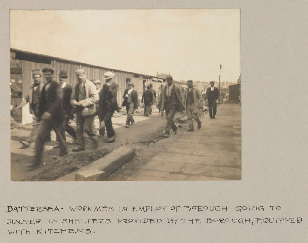 Housing, Improved: Great Britain, England. London. Housing Conditions And Improvements: Social Conditions In London, England, 1903: Battersea -  Workmen In Employ Of Borough Going To Dinner In Shelters Provided By The Borough, Equipped With Kitchens
