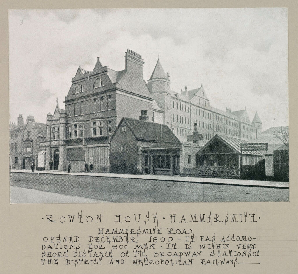 Housing, Improved: Great Britain, England. London. Rowton House: Improved Housing: London: Model Lodging Houses For Single Men, Erected In London By Lord Rowton & Co-Subscribers 1892-1905, Dividends Of 4% Are Paid On The Investment Of £450,000 (1909): Rowton House Hammersmith. Hammersmith Road.  Opened December 1899 - It Has Accomodations For 800 Men.  It Is Within Very Short Distance Of The Broadway Stations Of The District And Metropolitan Railways.