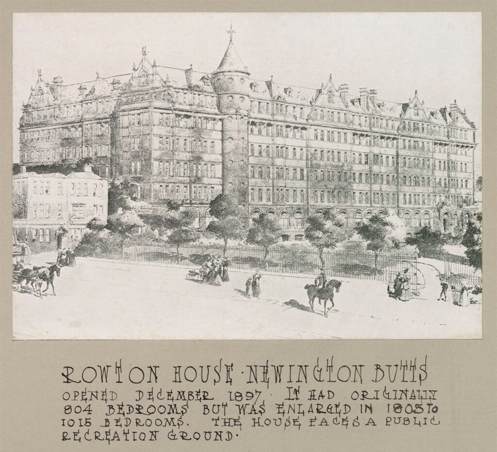 Housing, Improved: Great Britain, England. London. Rowton House: Improved Housing: London: Model Lodging Houses For Single Men, Erected In London By Lord Rowton & Co-Subscribers 1892-1905, Dividends Of 4% Are Paid On The Investment Of £450,000 (1909): Rowton House Newington Butts.  Opened December 1897. It Had Originally 804 Bedrooms But Was Enlarged In 1903 To 1015 Bedrooms.  The House Faces A Public Recreation Ground.