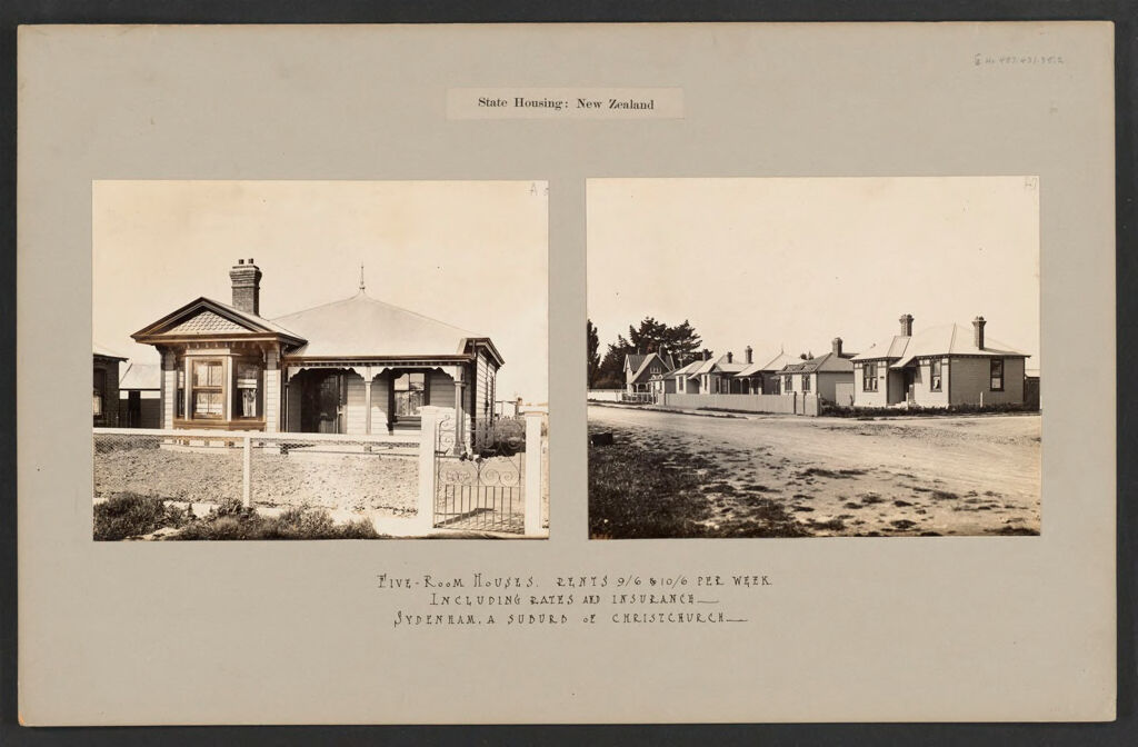 Housing, Improved: New Zealand. Christchurch. Sydenham, Cottages Erected By The Government (Minister Of Labour): State Housing: New Zealand: Five-Room Houses, Rents 9/6 & 10/6 Per Week Including Rates And Insurance. Sydenham, A Suburb Of Christchurch.