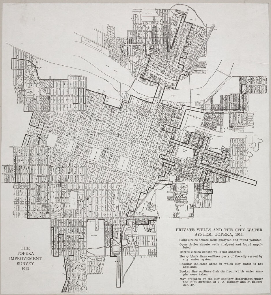 Housing, Improved: United States. Kansas. Topeka: Sanitary Survey Maps, Topeka, Kansas: The Topeka Improvement Survey 1913: Private Wells And The City Water System, Topeka, 1913.