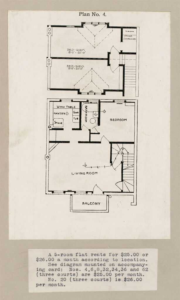 Housing, Industrial: Canada. Ontario. Toronto. Toronto Housing Company: Cottage Flats: Row Dwellings: Plan No. 4: A 5-Room Flat Rents For $25.00 Or $26.00 A Month According To Location.  See Diagram Mounted On Accompanying Card: Nos. 4, 6, 8, 32, 34, 36 And 62 (Three Courts) Are $25.00 Per Month.  No. 20 (Three Courts) Is $26.00 Per Month.