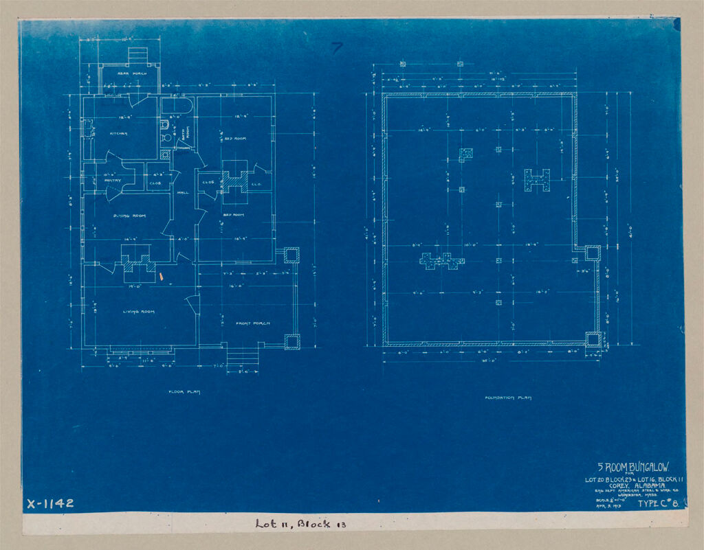 Housing, Industrial: United States. Alabama. Fairfield. American Steel And Wire Company: Industrial Housing, Frame Construction Bungalows: The American Steel And Wire Company, Fairfield, Alabama: Lot 11, Block 13