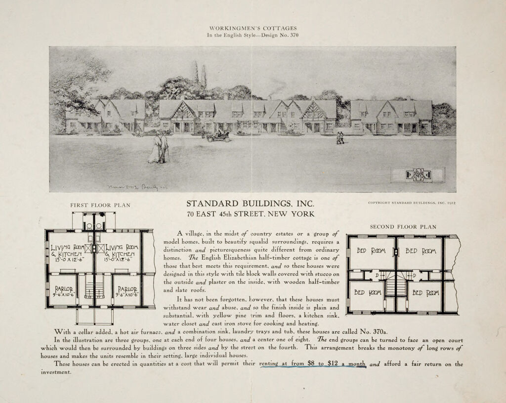 Housing, Industrial: United States. New York. New York City: Row Dwellings: Standard Buildings, Inc.: Workingmen's Cottages In The English Style - Design No. 370: Standard Buildings, Inc. 70 East 45Th Street, New York