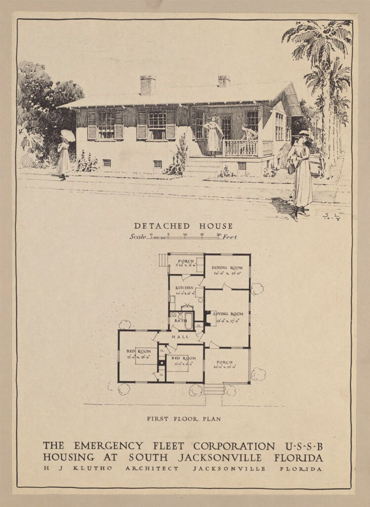 Housing, Government: United States. Florida. Jacksonville: Governmental Agencies Of House Construction. U.s. Shipping Board, Emergency Fleet Corporation: Detached House: The Emergency Fleet Corporation U-S-S-B. Housing At South Jacksonville Florida. H J Klutho Architect, Jacksonville Florida.