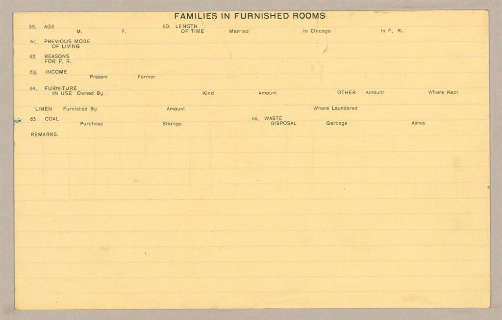 Housing, Government: United States. Illinois. Chicago: Schedules Used In Investigation Of Housing Conditions, Chicago, Ill.: Families In Furnished Rooms