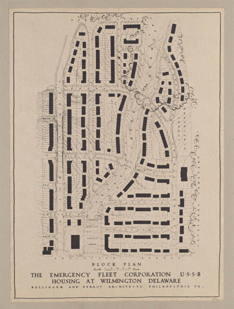 Housing, Government: United States. Delaware. Wilmington: Governmental Agencies Of House Construction. U.s. Shipping Board, Emergency Fleet Corporation: Block Plan: The Emergency Fleet Corporation U-S-S-B. Housing At Wilmington Delaware. Ballinger And Perrot Architects, Philadelphia Pa.