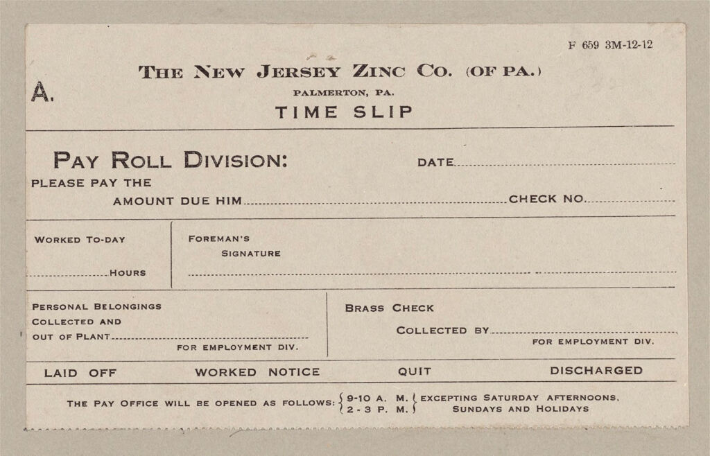 Housing, Industrial: United States. Pennsylvania. Palmerton: New Jersey Zinc Company: The New Jersey Zinc Co. (Of Pa.) Palmerton, Pa.: Time Slip: A.