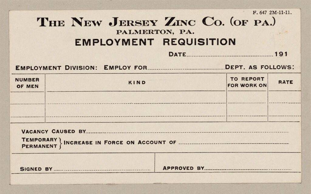 Housing, Industrial: United States. Pennsylvania. Palmerton: New Jersey Zinc Company: The New Jersey Zinc Co. (Of Pa.) Palmerton, Pa.: Employment Requisition