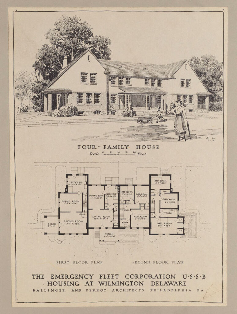 Housing, Government: United States. Delaware. Wilmington: Governmental Agencies Of House Construction. U.s. Shipping Board, Emergency Fleet Corporation: Four-Family House: The Emergency Fleet Corporation U-S-S-B. Housing At Wilmington, Delaware. Ballinger And Perrot Architects, Philadelphia Pa.