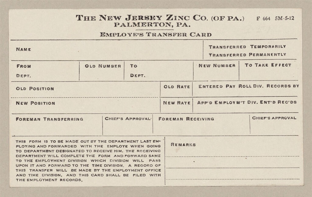 Housing, Industrial: United States. Pennsylvania. Palmerton: New Jersey Zinc Company: The New Jersey Zinc Co. (Of Pa.) Palmerton, Pa.: Employe's [Sic] Transfer Card