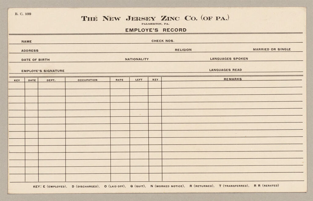 Housing, Industrial: United States. Pennsylvania. Palmerton: New Jersey Zinc Company: The New Jersey Zinc Co. (Of Pa.) Palmerton, Pa.: Employe's [Sic] Record