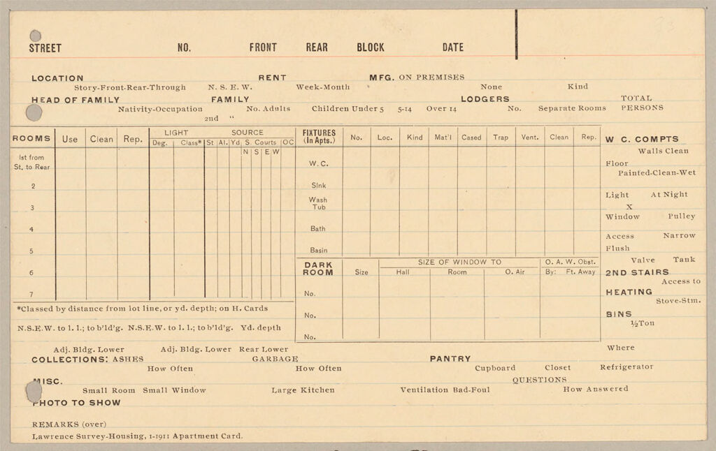 Housing, Government: United States. Massachusetts. Lawrence: Schedules Used In Investigation Of Housing Conditions, Lawrence, Mass.: Apartment Card