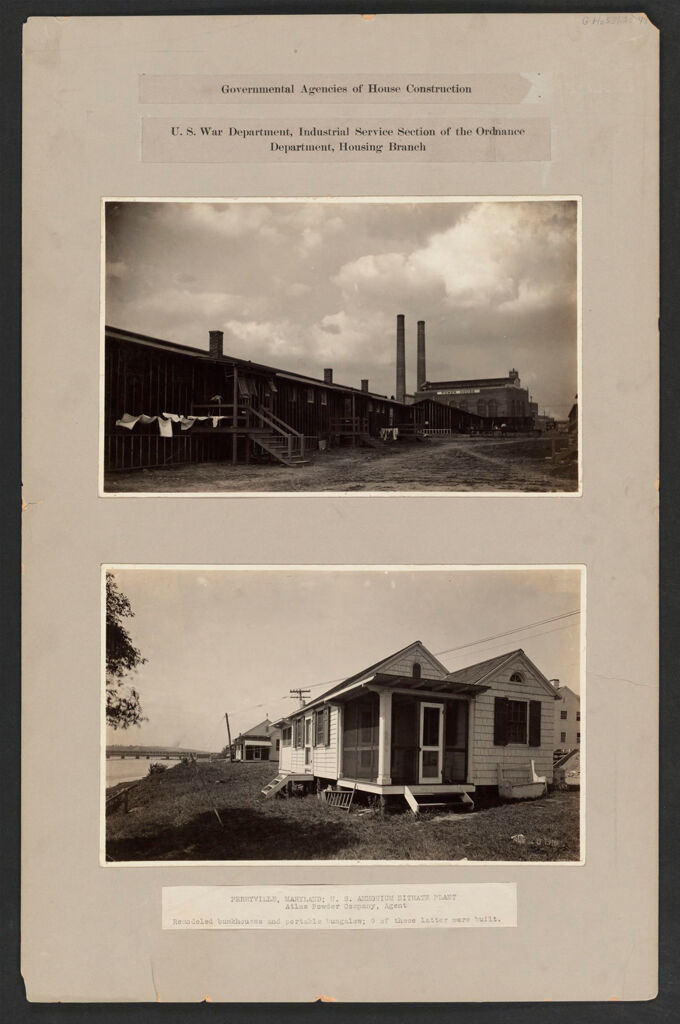 Housing, Government: United States. Maryland. Perryville: Governmental Agencies Of House Construction. U.s. War Department, Industrial Service Section Of The Ordnance Department, Housing Branch: Perryville, Maryland; U.s. Ammonium Nitrate Plant, Atlas Powder Company, Agent. Remodeled Bunkhouses And Portable Bungalow; 9 Of These Latter Were Built.