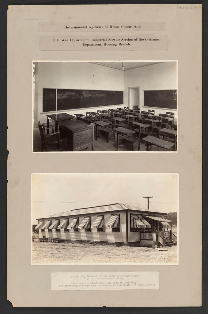 Housing, Government: United States. Maryland. Perryville: Governmental Agencies Of House Construction. U.s. War Department, Industrial Service Section Of The Ordnance Department, Housing Branch: Perryville, Maryland; U.s. Ammonium Nitrate Plant, Atlas Powder Company, Agent. Classroom In Schoolhouse, And Hospital Building. (See Preceding Card For Other Pictures And Description Of Schoolhouse.)