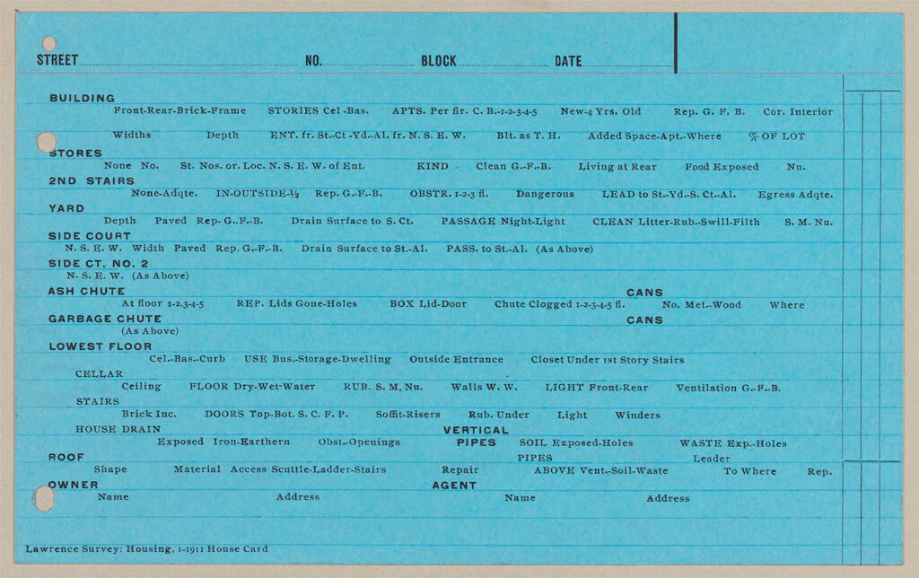 Housing, Government: United States. Massachusetts. Lawrence: Schedules Used In Investigation Of Housing Conditions, Lawrence, Mass.: House And Premises Card