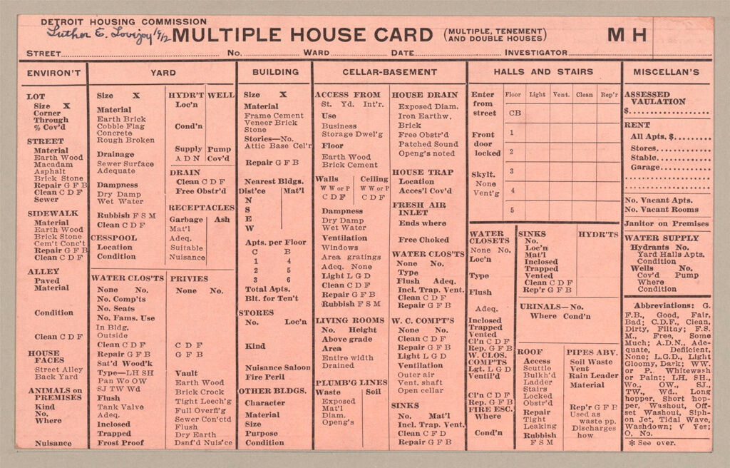 Housing, Government: United States. Michigan. Detroit: Schedules Used In Investigation Of Housing Conditions, Detroit, Mich.: Multiple House Card