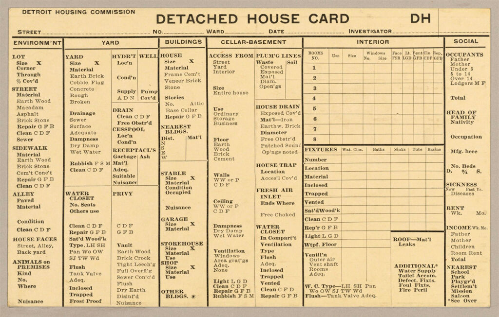 Housing, Government: United States. Michigan. Detroit: Schedules Used In Investigation Of Housing Conditions, Detroit, Mich.: Detached House Card