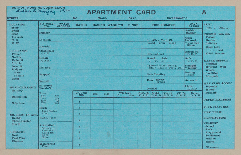 Housing, Government: United States. Michigan. Detroit: Schedules Used In Investigation Of Housing Conditions, Detroit, Mich.: Apartment Card