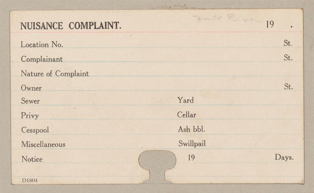 Housing, Government: United States. Massachusetts. Fall River: Schedules Used By Municipal Building Departments: Nuisance Complaint