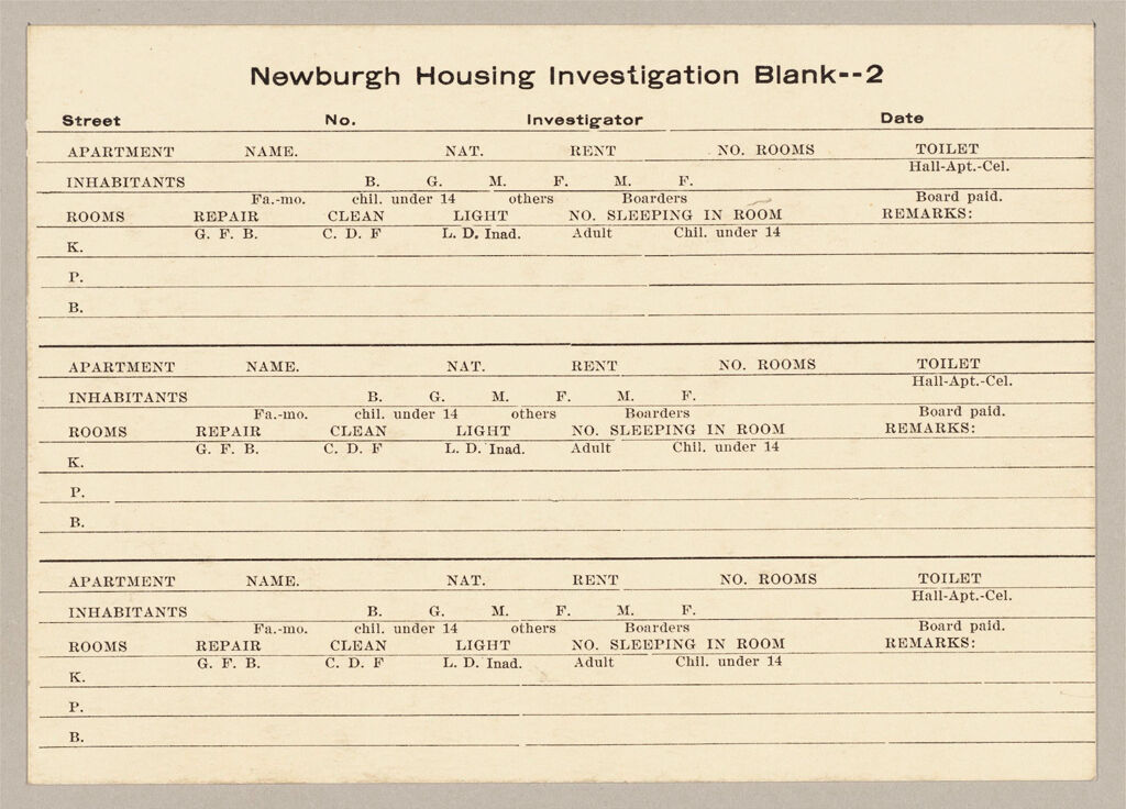 Housing, Government: United States. New York. Newburgh: Schedules Used In Investigation Of Housing Conditions, New York: Newburgh Housing Investigation Blank -- 2