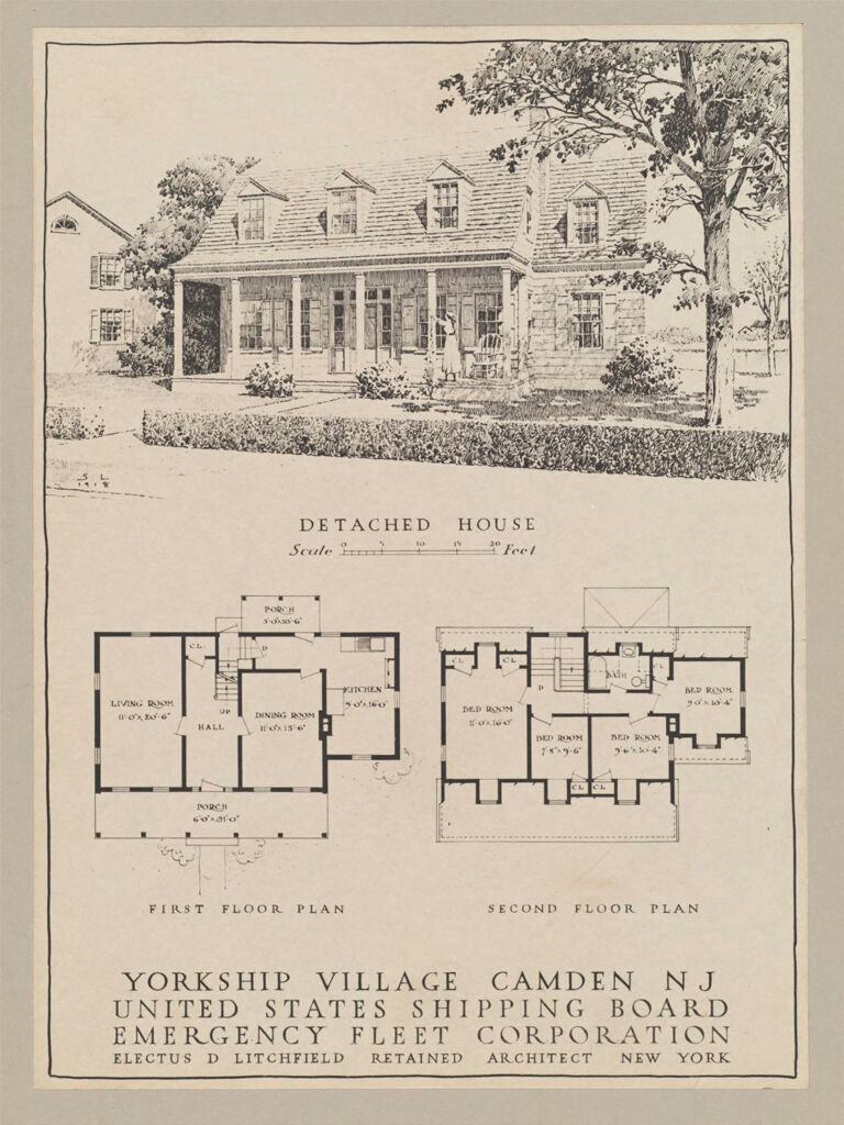 Housing, Government: United States. New Jersey. Camden. Yorkship Village: Governmental Agencies Of House Construction. U.s. Shipping Board, Emergency Fleet Corporation: Yorkship Village, Camden, Nj.  United States Shipping Board Emergency Fleet Corporation.  Electus D Litchfield Retained Architect New York: Detached House; First Floor Plan; Second Floor Plan.