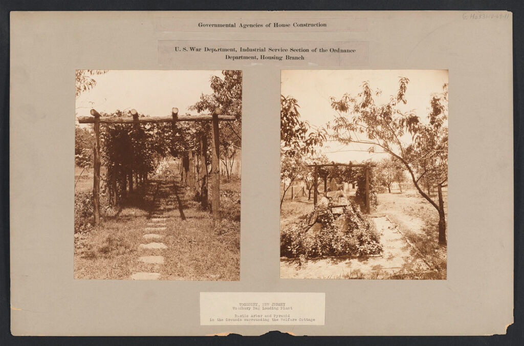Housing, Government: United States. New Jersey. Woodbury. Woodbury Bag Loading Plant: Governmental Agencies Of House Construction. U.s. War Department, Industrial Service Section Of The Ordnance Department, Housing Branch: Woodbury, New Jersey. Woodbury Bag Loading Plant: Rustic Arbor And Pyramid In The Grounds Surrounding The Welfare Cottage.
