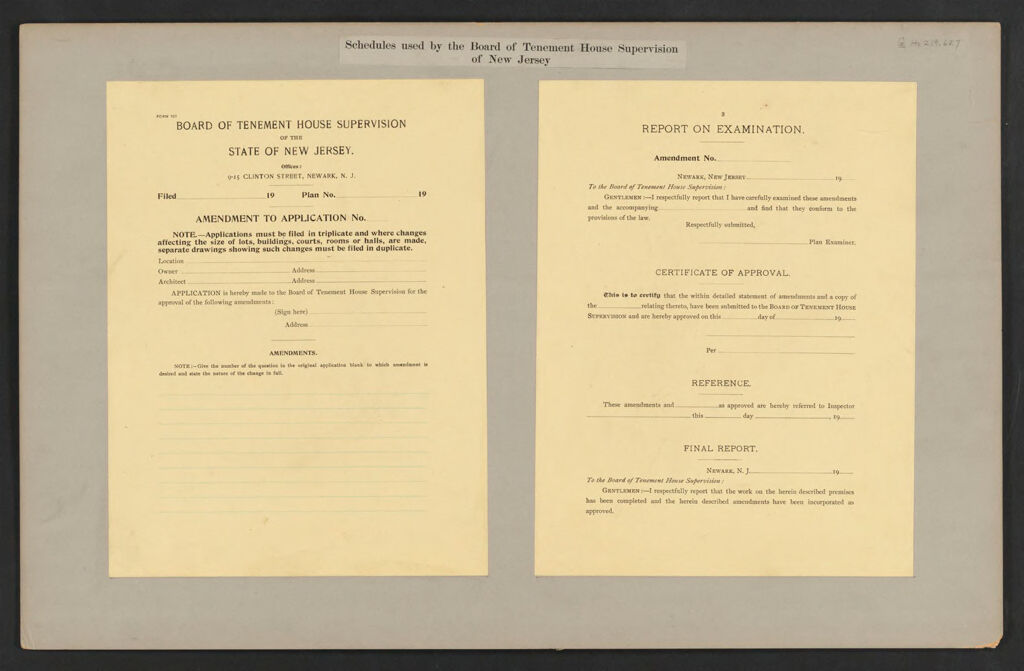Housing, Government: United States. New Jersey. Newark: Schedules Used By The Board Of Tenement House Supervision Of New Jersey