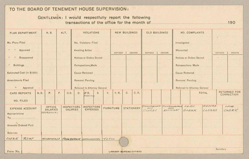 Housing, Government: United States. New Jersey. Newark: Schedules Used By The Board Of Tenement House Supervision Of New Jersey: To The Board Of Tenement House Supervision