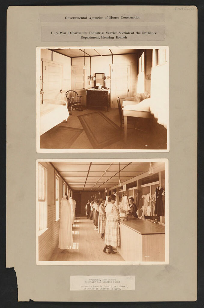 Housing, Government: United States. New Jersey. Woodbury. Woodbury Bag Loading Plant: Governmental Agencies Of House Construction. U.s. War Department, Industrial Service Section Of The Ordnance Department, Housing Branch: Woodbury, New Jersey. Woodbury Bag Loading Plant: Matron's Room In Dormitory; Interior Of Canteen.