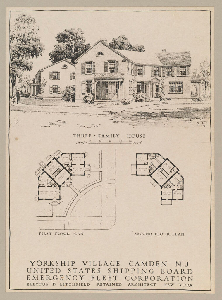 Housing, Government: United States. New Jersey. Camden. Yorkship Village: Governmental Agencies Of House Construction. U.s. Shipping Board, Emergency Fleet Corporation: Yorkship Village, Camden, Nj.  United States Shipping Board Emergency Fleet Corporation.  Electus D Litchfield Retained Architect New York: Three-Family House: First Floor Plan; Second Floor Plan.